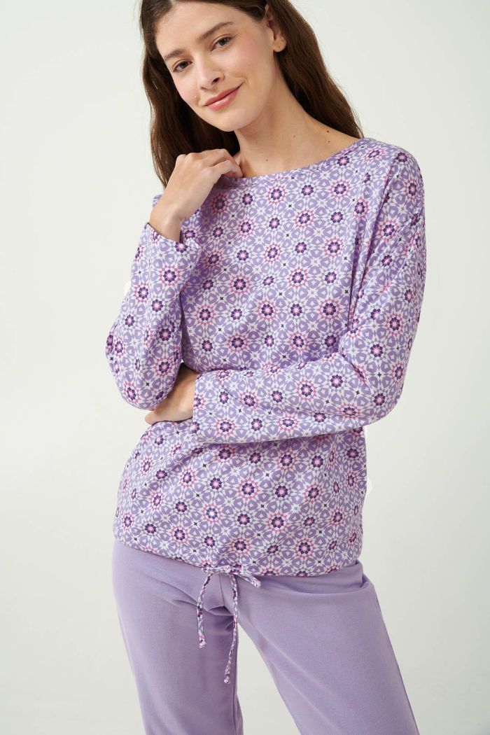 Lila Baumwoll-Fleece-Pyjama mit Kaleidoskop-Muster