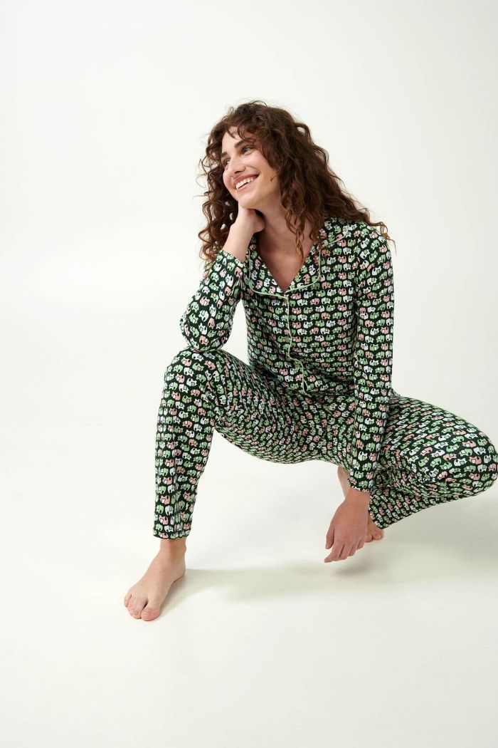 Emerald Elephant Print Button-Down Pyjamas