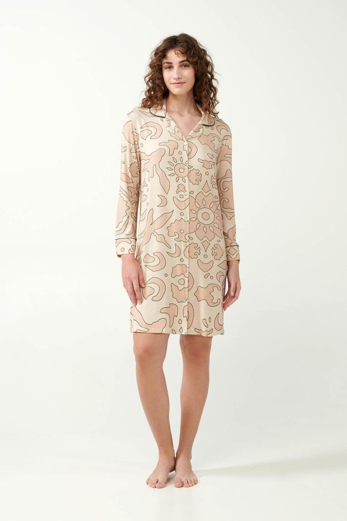 Beige Anthemion Print Buttoned Nightgown