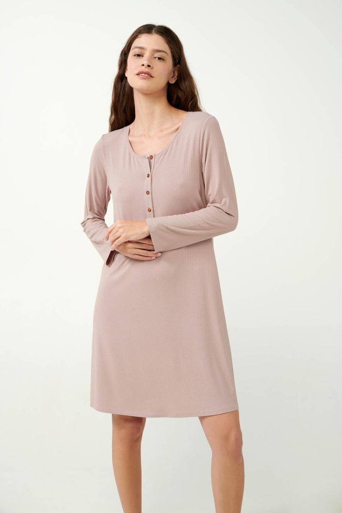 Ribbed Knitted Bamboo Nightgown with Button Placket