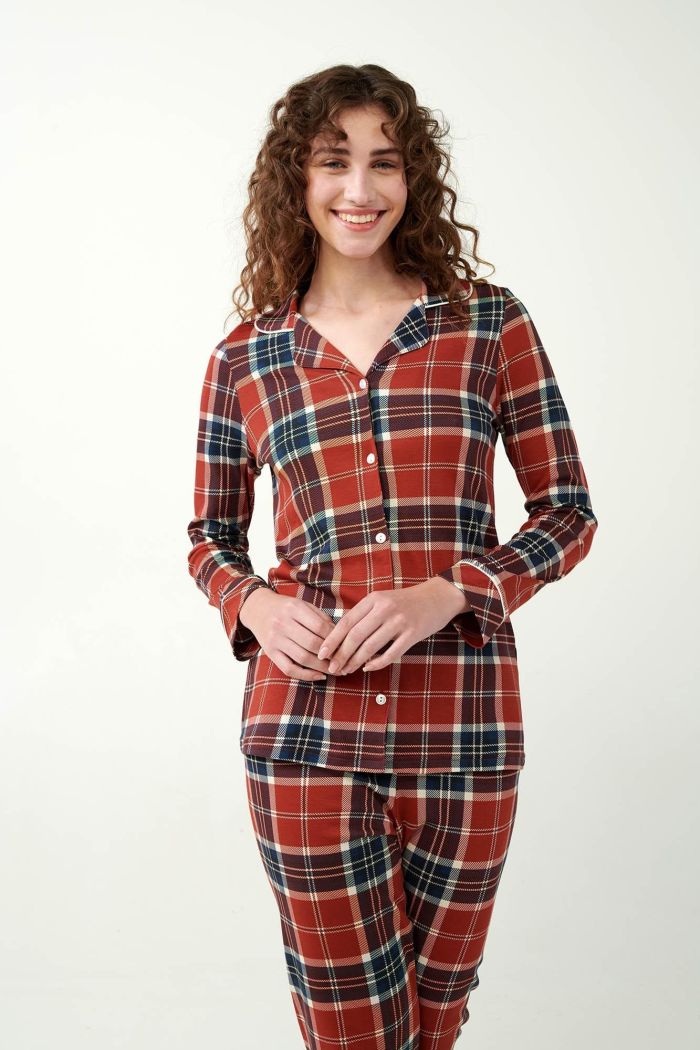 Knopf-Pyjama mit Tartan-Muster aus 
Interlock