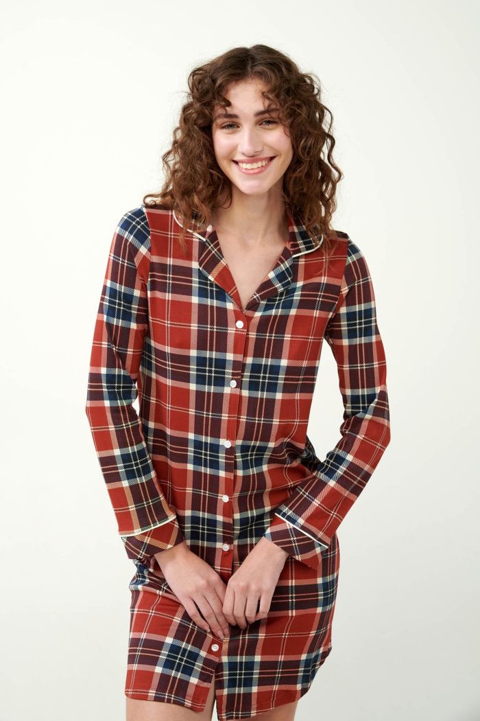 Knopfnachthemd aus Interlock mit Tartan-Muster