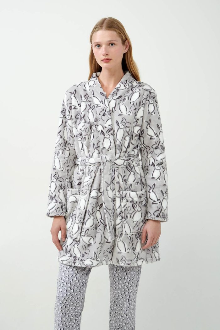 Grey Crossed Robe with Bunny Print