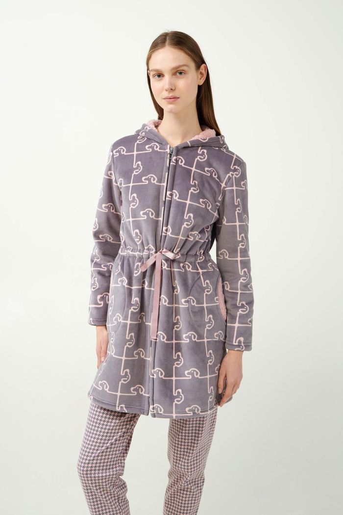 Hooded Robe with Woof Dog Puzzle Print