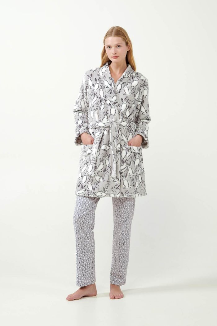 Grey Crossed Robe with Bunny Print