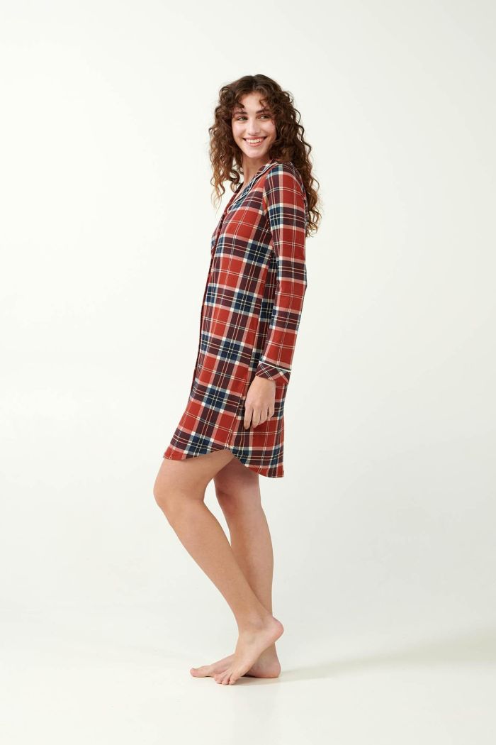 Knopfnachthemd aus Interlock mit Tartan-Muster