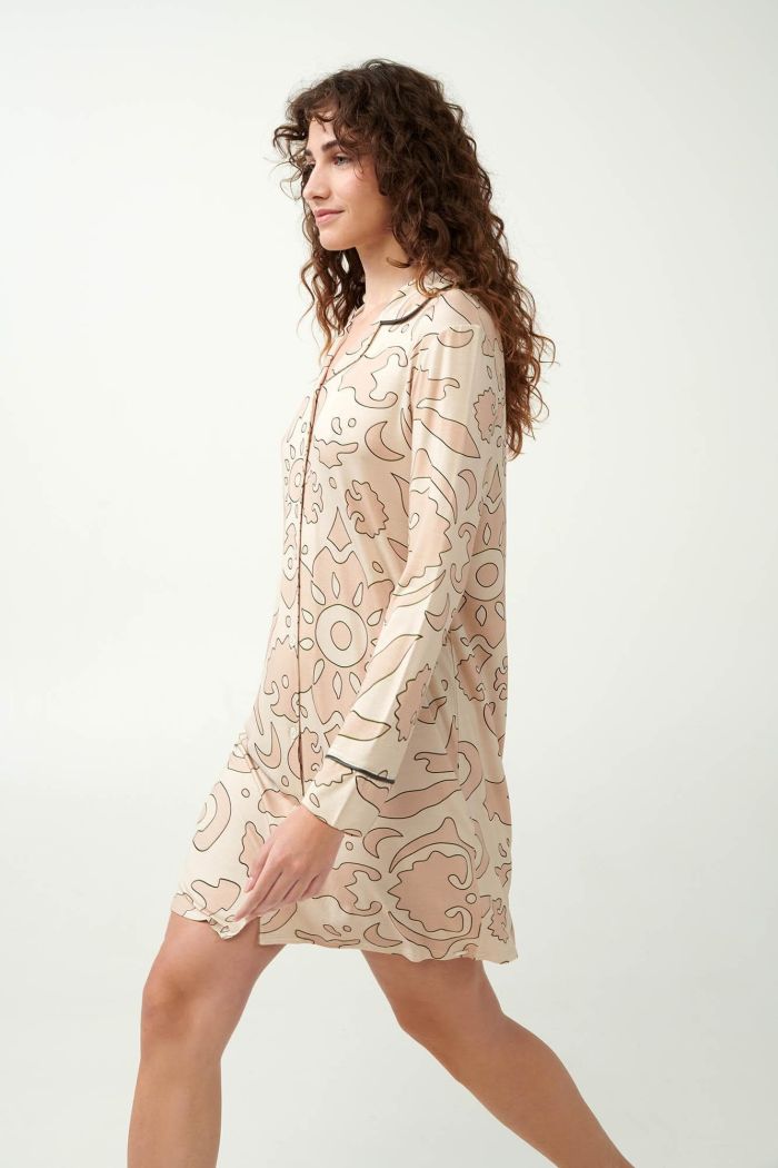 Beige Anthemion Print Buttoned Nightgown