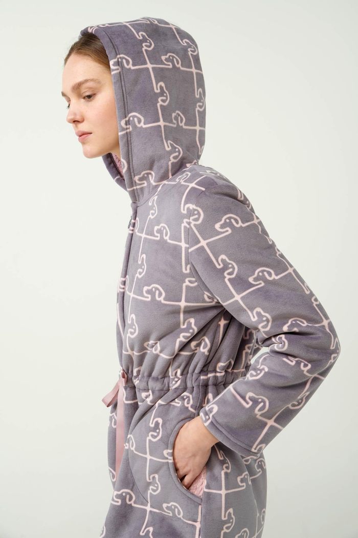 Hooded Robe with Woof Dog Puzzle Print