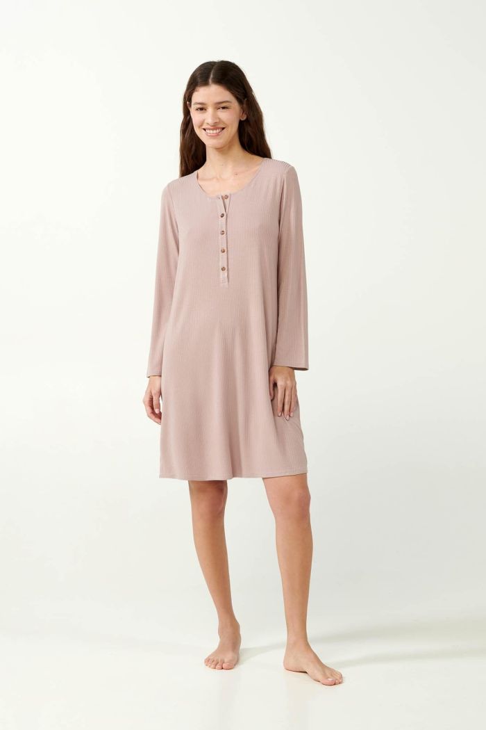 Ribbed Knitted Bamboo Nightgown with Button Placket